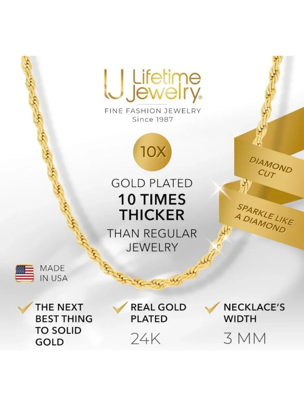 24k Gold Rope Chain Necklace for Men & Women - Diamond Cut, Heavy Duty Clasp